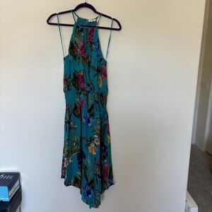 Parker 100% Silk Halter Mini Dress Sz S Floral Romantic Ruffle Smocked Waist